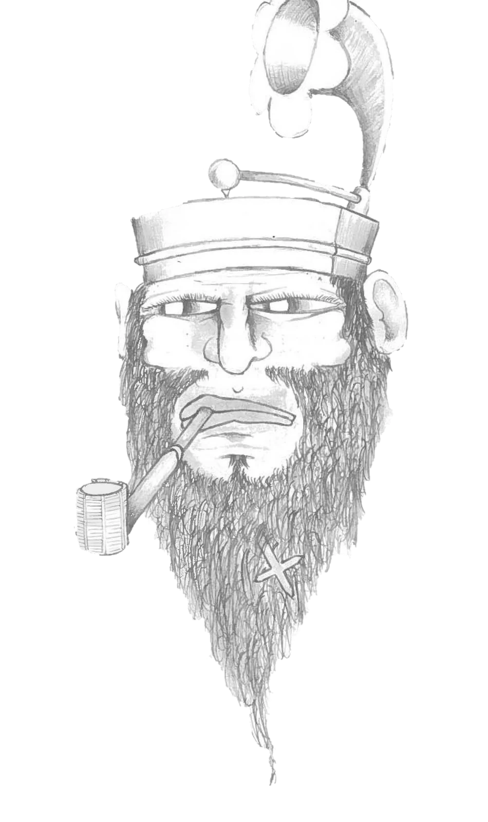 Pencil portrait of a bearded man in a sailor's cap smoking a pipe