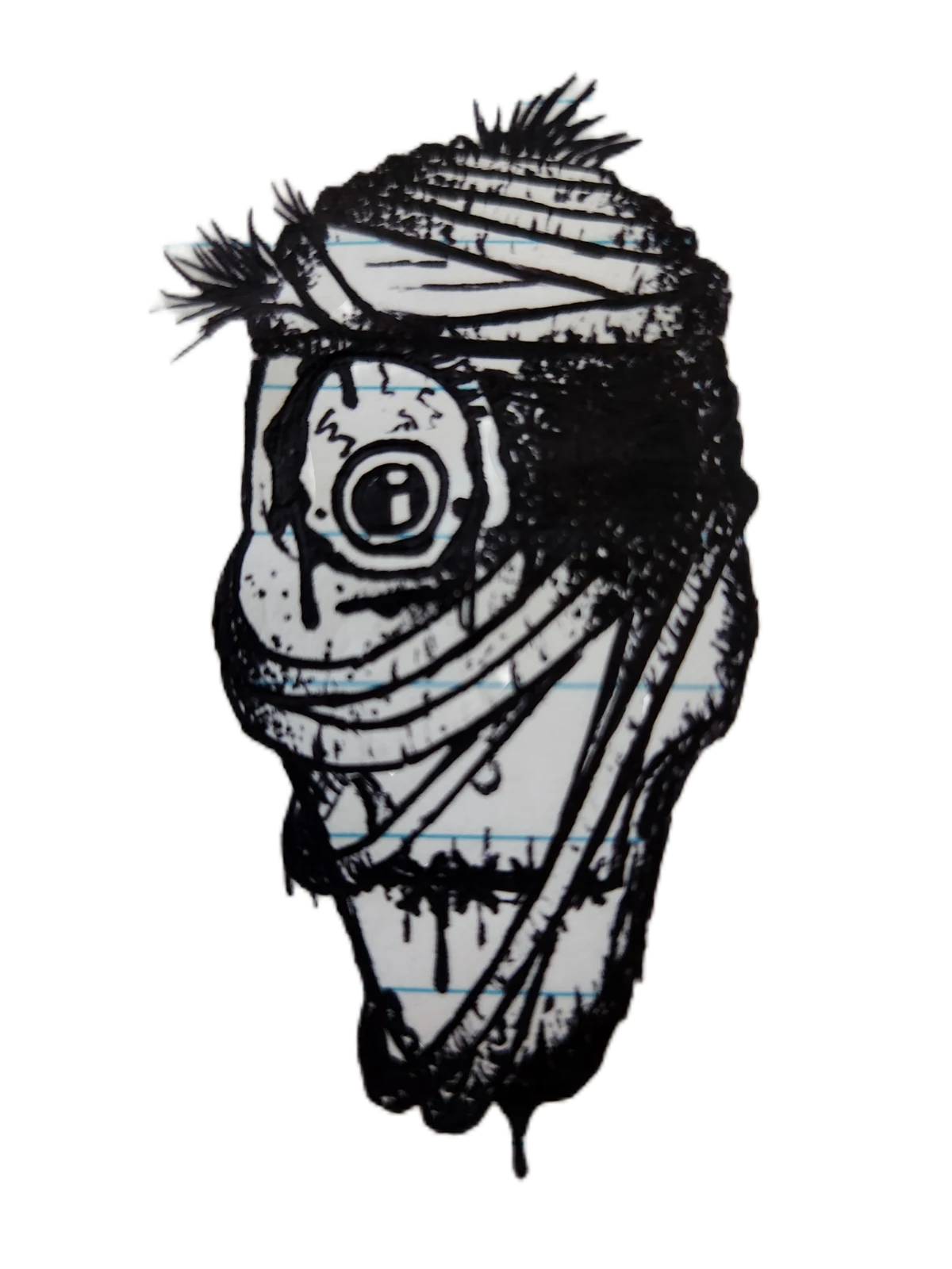 Ink drawing on notebook paper of a bandaged, dripping eye