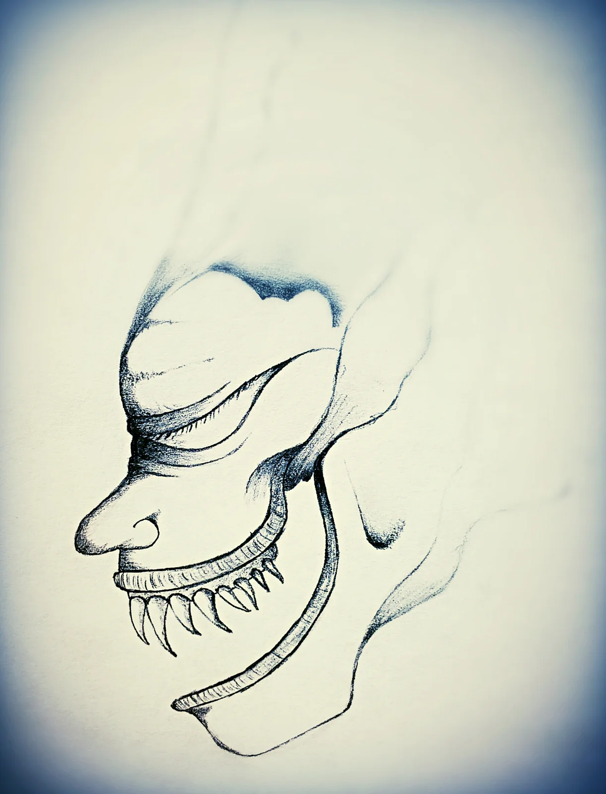 Blue-toned pencil drawing of a toothy grinning face in profile