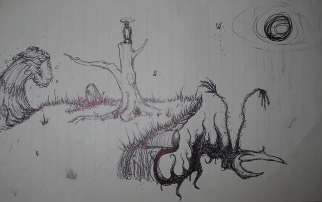 Ballpoint pen sketch of a surreal landscape with a tree stump, a watching eye, and gnarled roots