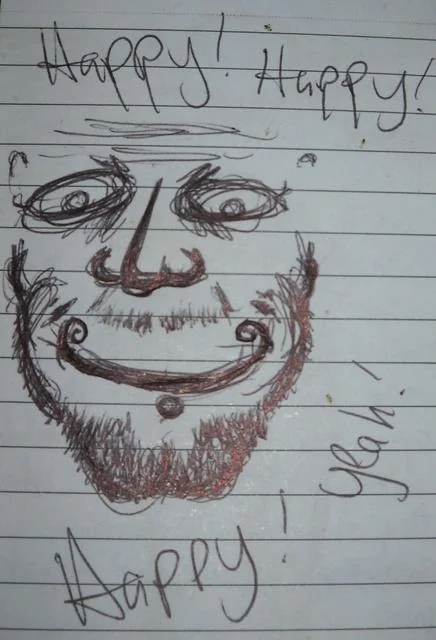 Notebook page sketch of a bearded smiling face captioned Happy! Happy!