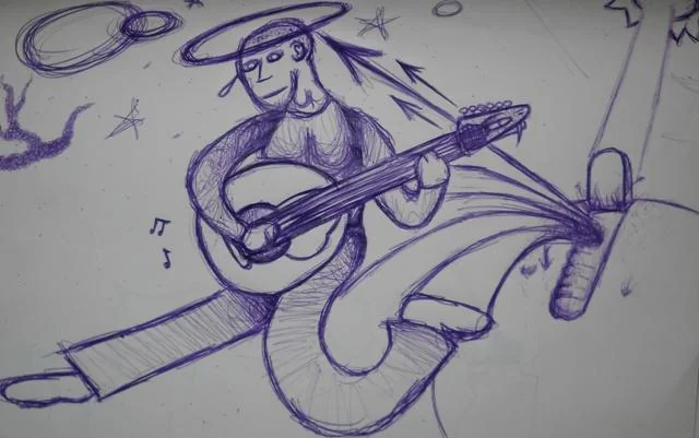 Ballpoint pen drawing of a haloed figure playing guitar with a swirl of sound trailing off