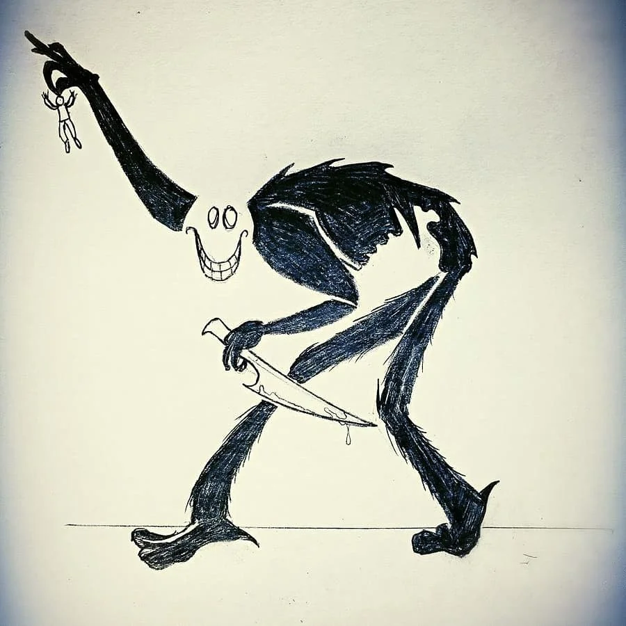 Ink drawing of a tall grinning creature holding a knife and a tiny hanging figure