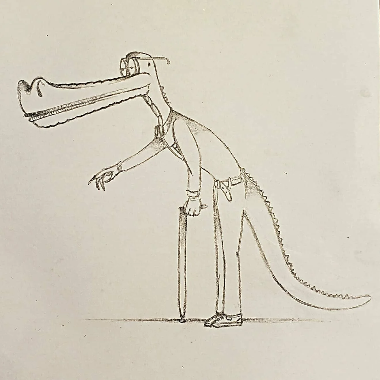 Pencil drawing of a bespectacled crocodile gentleman leaning on a cane